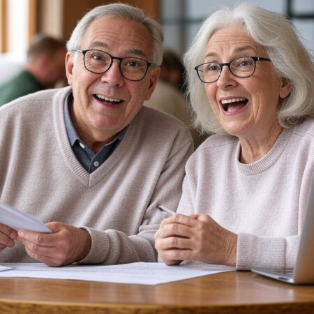 成功を喜ぶシニア男女